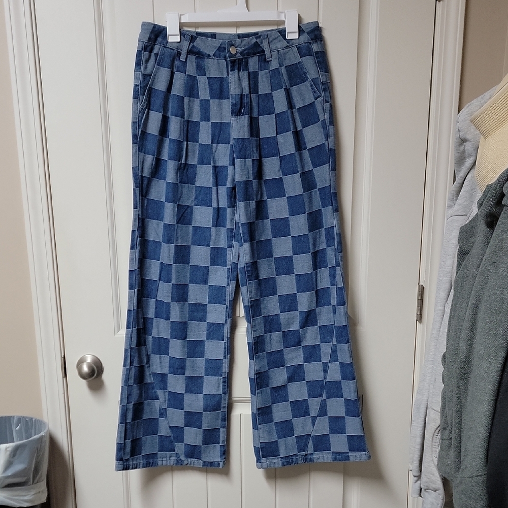 Blue Checkered Flare Jeans